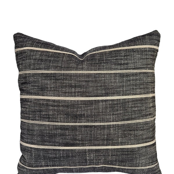 Farmhouse Pillow Charcoal Tan Stripe Pillow Cover Black Horizontal Stripe Brown Throw Cushion Textured Gray Linen Blend Decorator Fabric