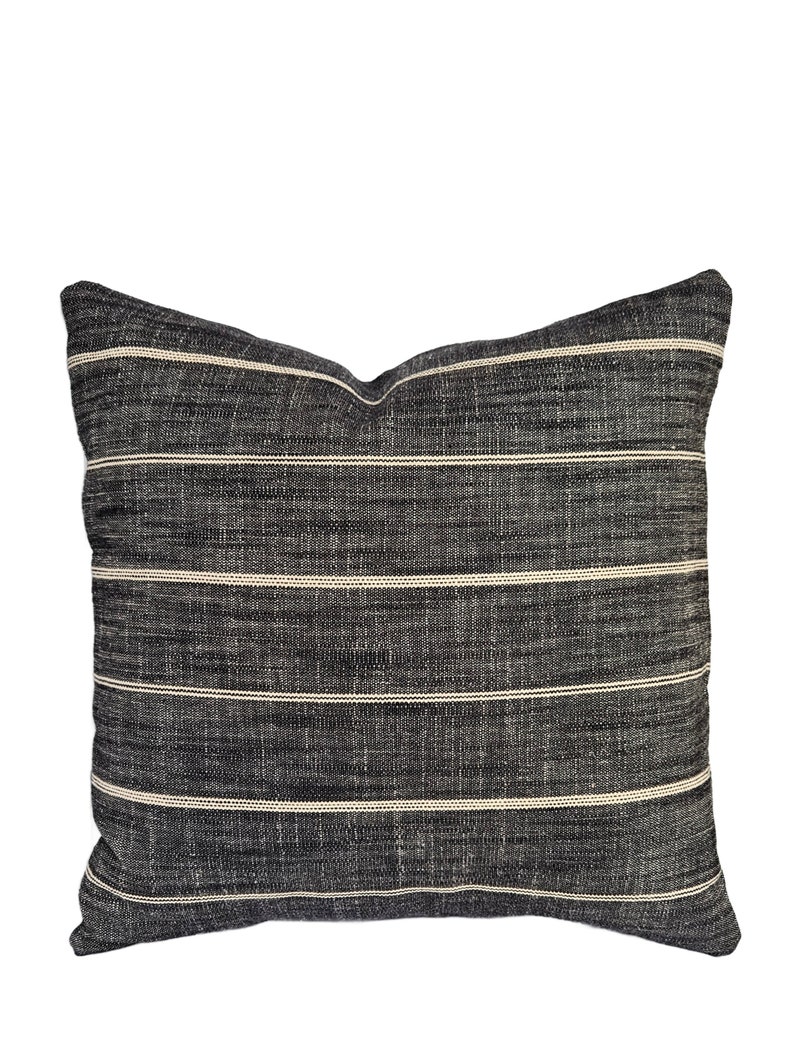 Farmhouse Pillow Charcoal Tan Stripe Pillow Cover Black Horizontal Stripe Brown Throw Cushion Textured Gray Linen Blend Decorator Fabric image 1