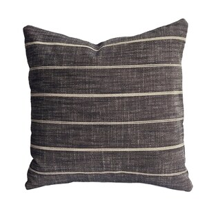 Farmhouse Pillow Charcoal Tan Stripe Pillow Cover Black Horizontal Stripe Brown Throw Cushion Textured Gray Linen Blend Decorator Fabric image 2