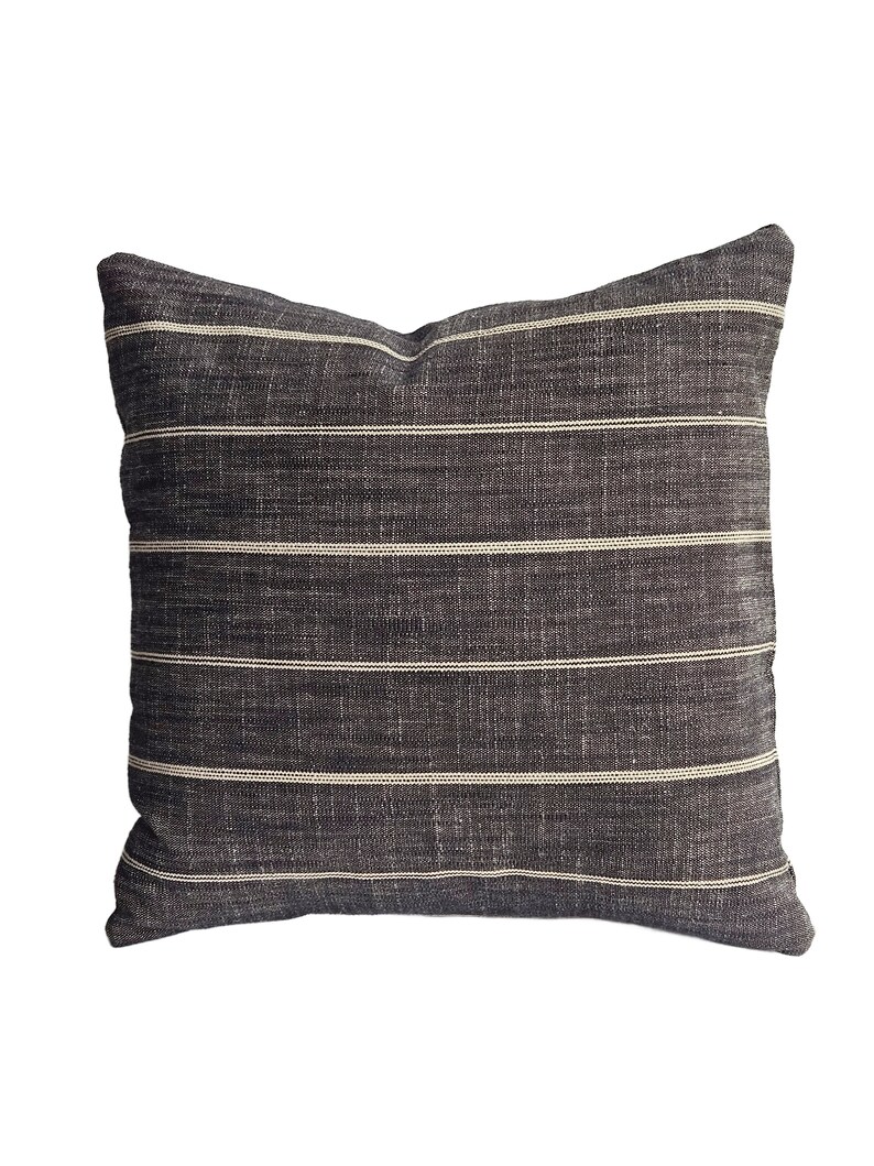 Farmhouse Pillow Charcoal Tan Stripe Pillow Cover Black Horizontal Stripe Brown Throw Cushion Textured Gray Linen Blend Decorator Fabric image 2