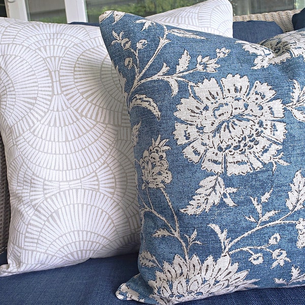 Blue Pillow Cover Denim Blue Magnolia Home Fabric Cushion Farmhouse Dark Blue Gray Outlined Flowers Modern Shams Bedding