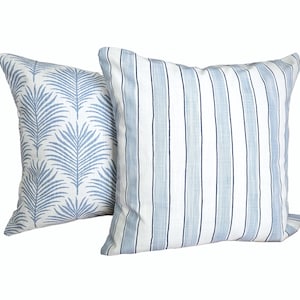 Coastal Blue Pillow Covers Palm Stripe Pastel Blue Bedding Euro Shams Light Blue Mist White Cottage Modern Pillows Slub Canvas Coordinating