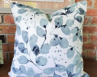 Blue Pillow COVER, Leaves/Vine Pillow Cushion, Blue White Acacia Pillow, Slub Linen Fabric, Pillow Throw Pillow