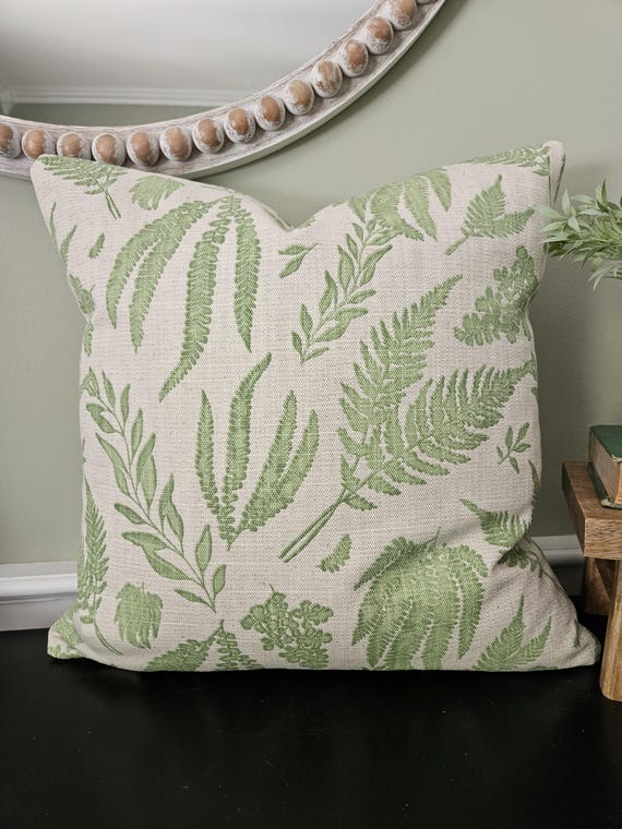 Botanical Fern Pillow Cover Green Textured Linen Blend Cushion Natural Cream Ferns Neutral Sage Celery Green Euro Shams Etsy