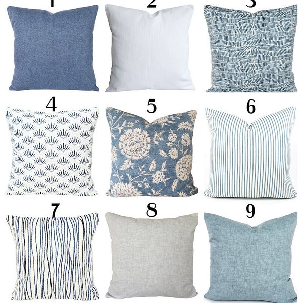 Blue Pillow Covers Denim Floral Stripe Cushions Coordinating Pillow Cases Chambray Couch Euro Shams All Sizes