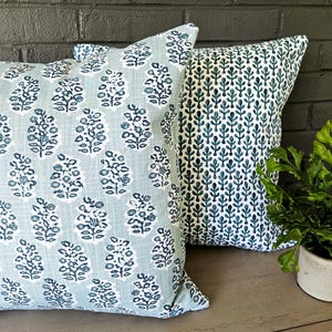 Blue Pillow Covers Choose One or Both Floral Blue White Block Print Couch Throw Pillow Bedding Shams Slub Canvas Textured Mix and Match