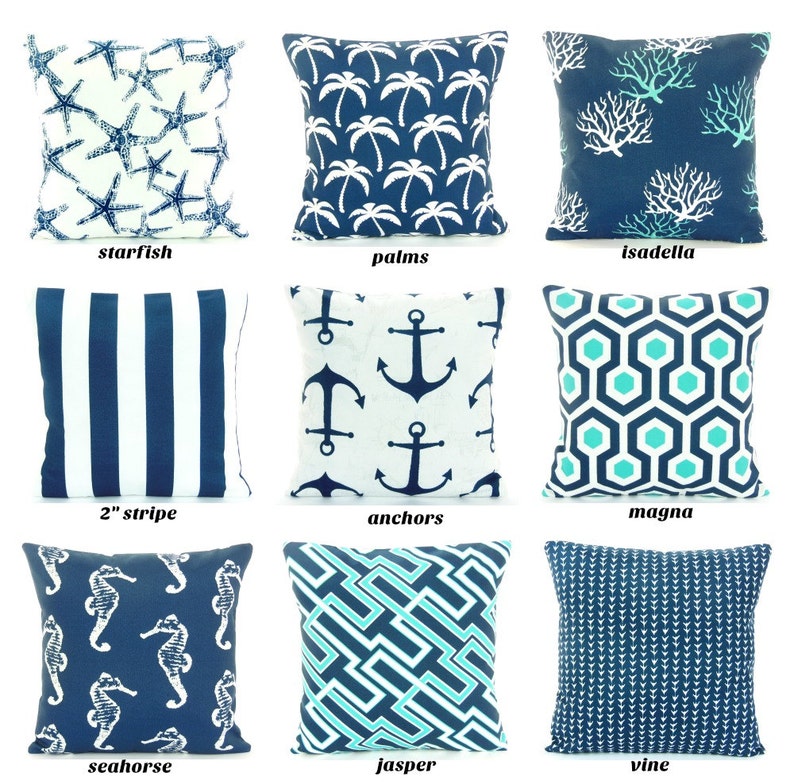 Navy OUTDOOR throw Pillow COVER navy Aqua Coastal Pillow Etsy