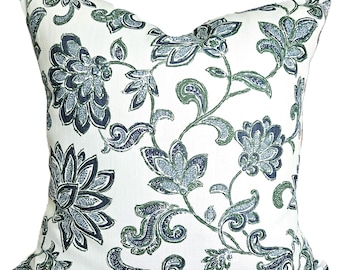 Blue Green Floral Pillow Covers Navy Green Cottage Bedding Shams Couch Throw Accent Pillow White Cushion Midnight Collection