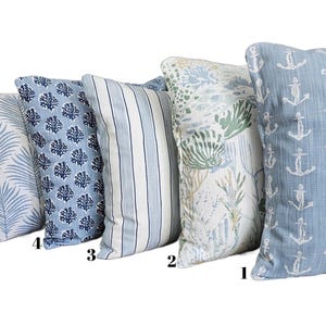 Coastal Blue Pillow COVERS Nautical Soft Blue White Bedding Shams Cottage Beach Cushion Couch Blue Pastel Fabrics Stripe Pillow Palm Leaf