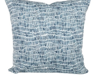 Slate Blue Pillow COVER, Slub Linen Throw Cushion, Designer Fabric, Brooks Print, Lagoon Blue, Look of Linen, Wavy Lines, Textured