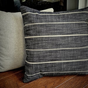 Farmhouse Pillow Charcoal Tan Stripe Pillow Cover Black Horizontal Stripe Brown Throw Cushion Textured Gray Linen Blend Decorator Fabric image 6