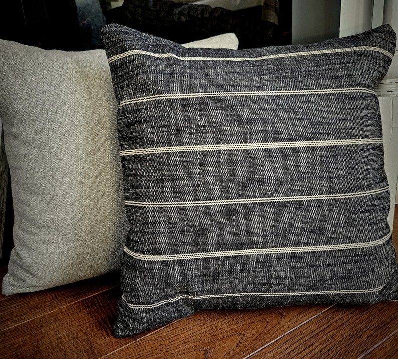 Farmhouse Pillow Charcoal Tan Stripe Pillow Cover Black Horizontal Stripe Brown Throw Cushion Textured Gray Linen Blend Decorator Fabric image 6