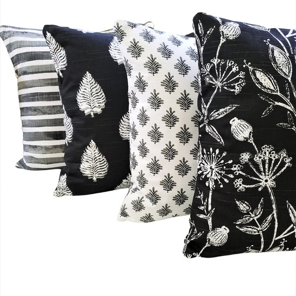 Black Throw Pillows COVERS Black and White Decorative Slub Canvas Cushion Choose Modern Couch Pillow Bedding Shams Accent, Dandelion Print
