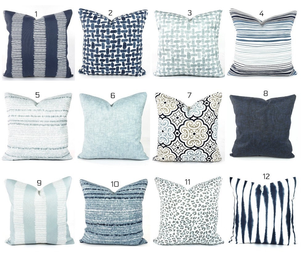 OUTDOOR Blue Pillow COVERS, Navy Blue White Cushions, Light Blue Pill…