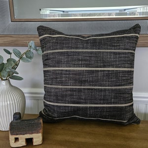 Farmhouse Pillow Charcoal Tan Stripe Pillow Cover Black Horizontal Stripe Brown Throw Cushion Textured Gray Linen Blend Decorator Fabric image 7