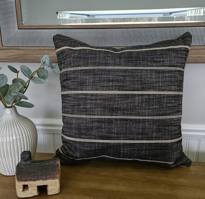 Farmhouse Pillow Charcoal Tan Stripe Pillow Cover Black Horizontal Stripe Brown Throw Cushion Textured Gray Linen Blend Decorator Fabric image 7