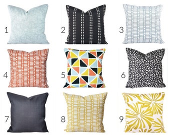 OUTDOOR Pillow COVERS, Coordinating Fabrics in Various Sizes for Deck Patio, Sun Porch Decor Ideas, Blue Yellow Orange Black Combo Pillows
