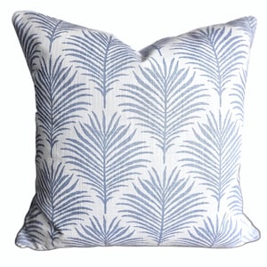 Coastal Blue Palm Print Pillow Cover Bedding Shams Modern Cottage Porch Slub Canvas