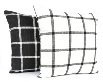 Farmhouse Pillow White Black Windowpane Throw Cushion COVERS Check Toss Accent Couch Geometric Black Pillow Modern Gift Idea Set of Two