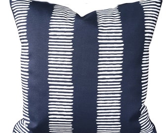 OUTDOOR Navy Pillow Cover Coastal Beach Cushion Cottage Porch Pillow-Navy White Stripe-Outdoor Pillows- Deck Boat Cushion Accent