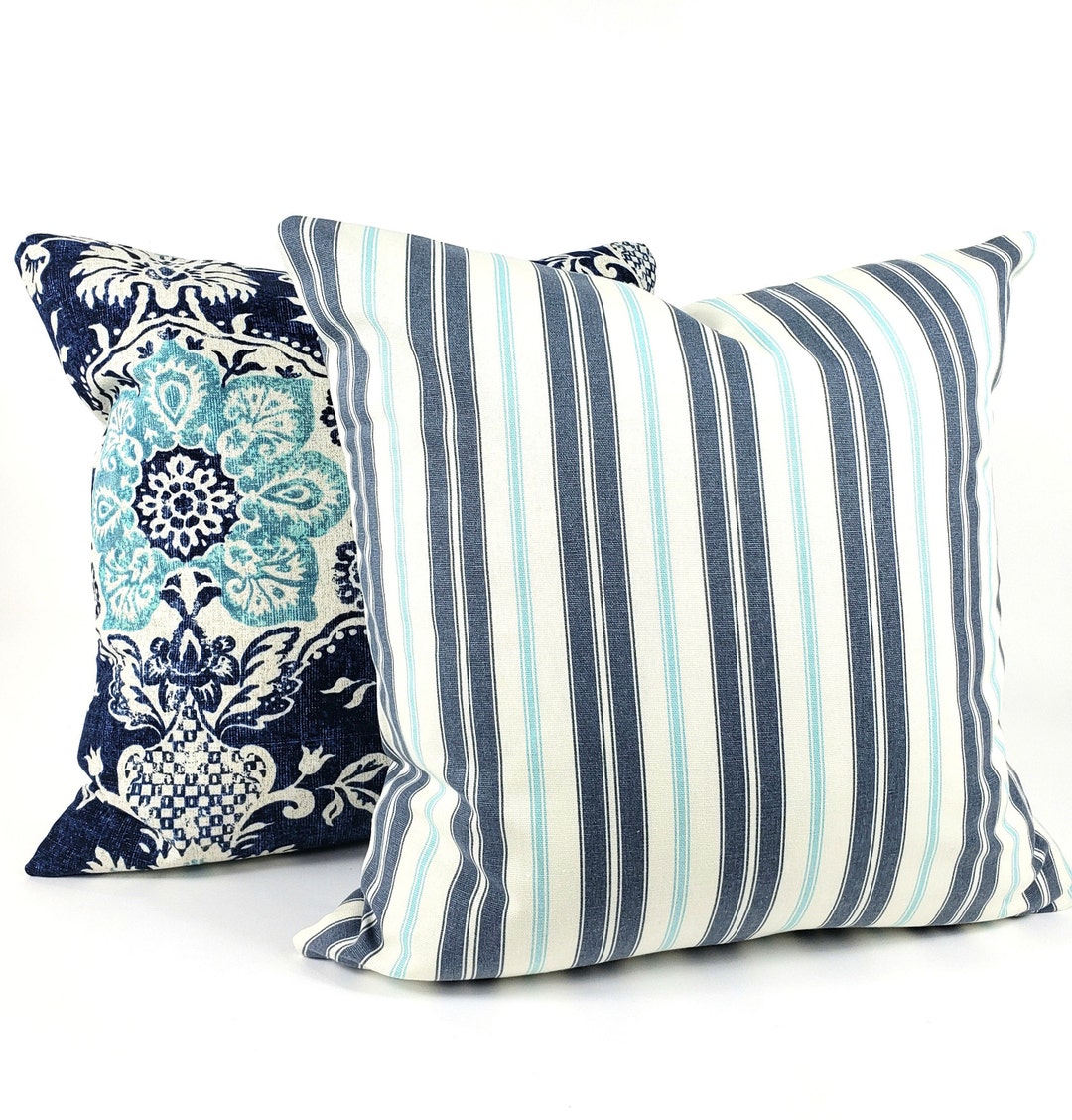 Blue Farmhouse Throw Pillow COVER Aqua Navy Decorative Floral Etsy UK