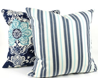 Blue Farmhouse Throw Pillow COVER, Aqua Navy Decorative Floral Cushion, Stripe Blue Denim- Pair of Couch Pillow Cottage Decor Bedding Shams