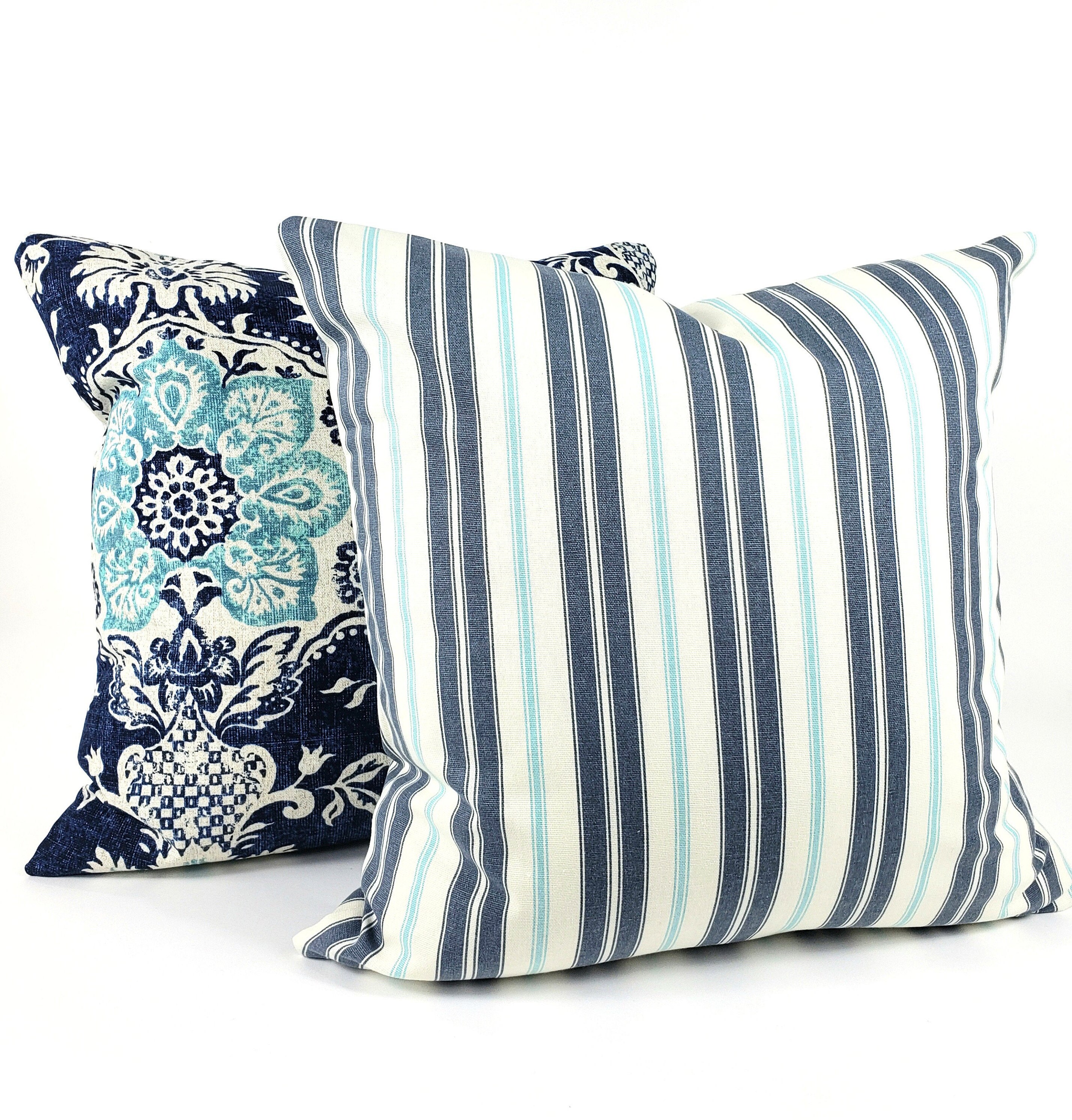 Blue Farmhouse Throw Pillow COVER Aqua Navy Decorative Floral Etsy UK
