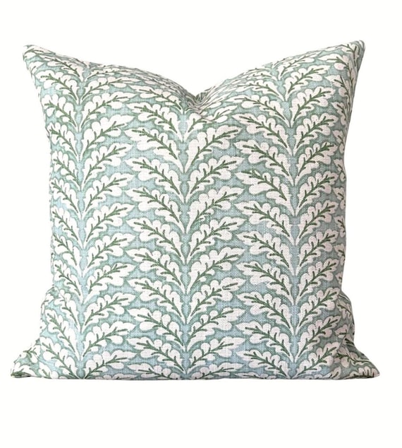 Sage Green Pillow Cover: Blue Green Leaf Tan/Natural Print Spencer Cotton Linen Blend