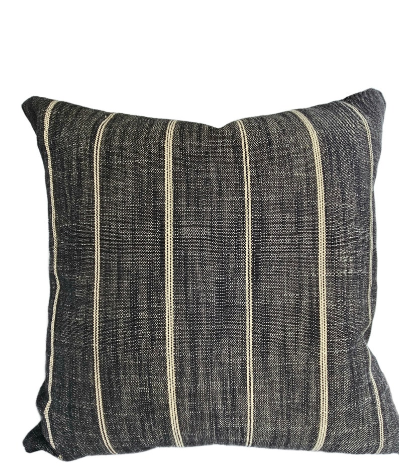 Farmhouse Pillow Charcoal Tan Stripe Pillow Cover Black Pillow Brown Throw Cushion Textured Charcoal Gray Linen Blend Decorator Fabric image 1