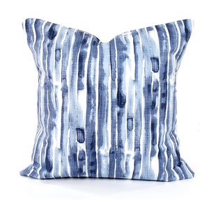 Blue Pillow COVER Indigo Designer Fabric Watercolor Blue Lines Textured Slub Linen Navy White Pillows Blue Decor Ideas