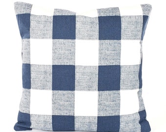 Navy Buffalo Check, Farmhouse Pillow COVER, Italian Denim Cotton, Cushion Cover, Blue White