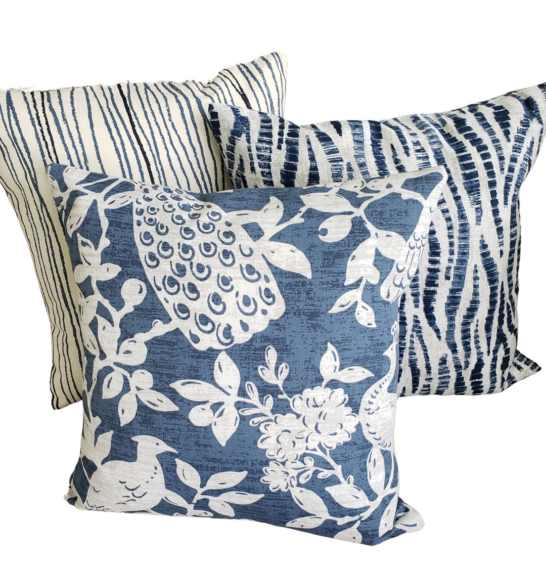 Blue Floral Pillow COVER. Indigo Pillow Cover Stripe Blue Etsy