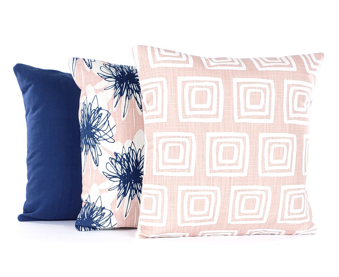 Navy Blush Pink Throw Pillow Covers Blue Modern Toss Cushion | Etsy
