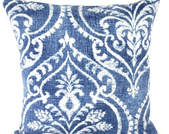 Damask Blue Pillow COVER, Denim Blue White, Ikat Throw Pillow, Ogee Cushion Cover, Damask Printed Cover