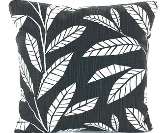 Modern Leaves Black Decorative Throw Pillow Cover, Couch Sofa Cushion, Designer Slub Canvas Accent Toss Pillows, Various Sizes