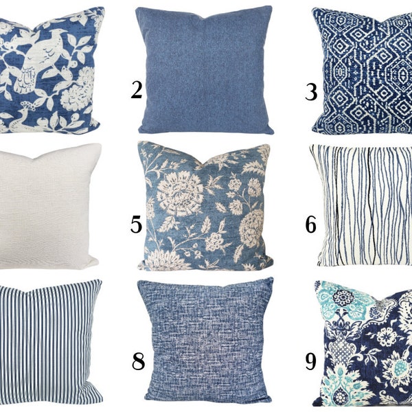 Blue Pillows COVERS, Magnolia Fabrics Collection, Navy Stripe Cushion, Solid Denim Mix and Match, Floral, All Sizes, Seams To Me