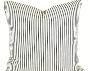 Farmhouse Black Tan Cream Ticking Stripe Throw Pillow COVER Black Stripe Toss Accent Cushion Cottage Pillow-Couch Sofa -Bedding Shams-