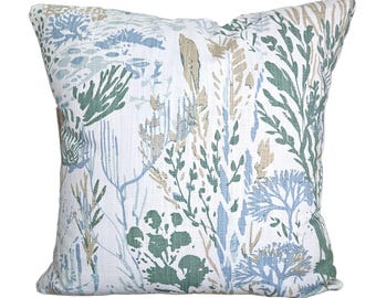 Coastal Throw Pillow Cover: Blue Green Sea Scape Slub Canvas
