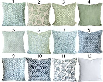Green Pillows Cushion Cover Block Print Throw Pillow Spa Blue Bedding Shams Slub Canvas Texture All Sizes Lumbars