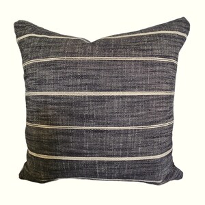 Farmhouse Pillow Charcoal Tan Stripe Pillow Cover Black Horizontal Stripe Brown Throw Cushion Textured Gray Linen Blend Decorator Fabric image 3
