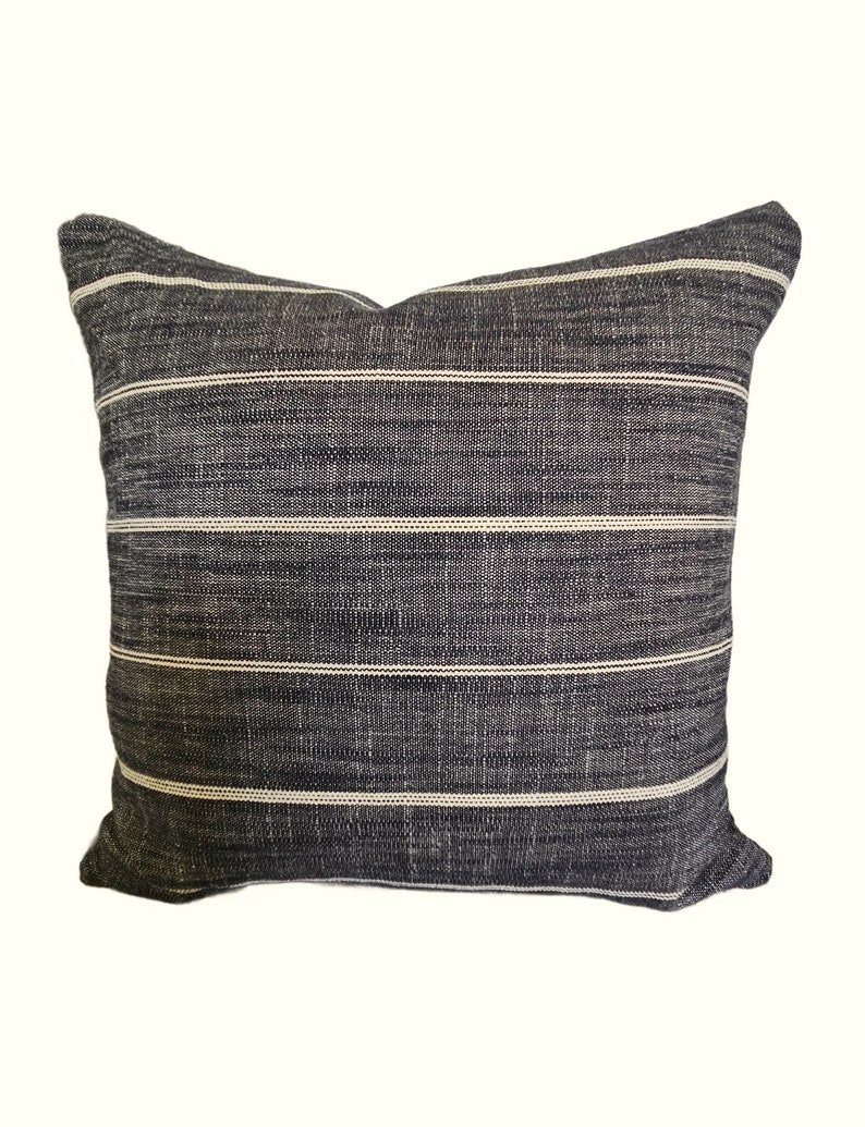 Farmhouse Pillow Charcoal Tan Stripe Pillow Cover Black Horizontal Stripe Brown Throw Cushion Textured Gray Linen Blend Decorator Fabric image 3