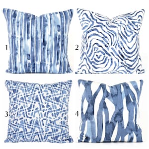 Blue Pillow COVER, Designer Pillows, Blue Denim Cushion Cover, Navy Indigo White Abstract Prints, Euro Shams Slub Canvas Linen Like