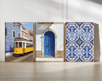 Más de 10 pósteres imprimibles de Lisboa: paquete de arte mural con azulejos, puertas de azulejos azules portugueses, decoración de viaje en tranvía, cocina rústica, descarga digital