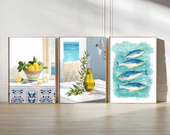 Más de 10 pósteres imprimibles de cocina mediterránea - Paquete de arte mural de Grecia, limones, aceitunas, vistas costeras, decoración rústica de viaje, descarga digital