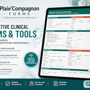 May include: An interactive clinical form on a tablet, designed for healthcare professionals. The form is for wound care tracking, with sections for patient information, wound identification, and assessment. The image also includes a stylus and medical supplies.