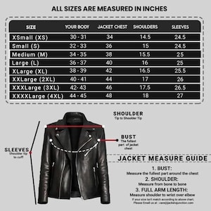 K&ouml;nnte beinhalten: Eine schwarze Lederjacke mit Rei&szlig;verschluss, dargestellt mit einer Gr&ouml;&szlig;entabelle. Die Tabelle zeigt Ma&szlig;e f&uuml;r Brust, Schultern und &Auml;rmel, von XS bis XXXXL. Die Ma&szlig;tabelle ist in Zoll angegeben.