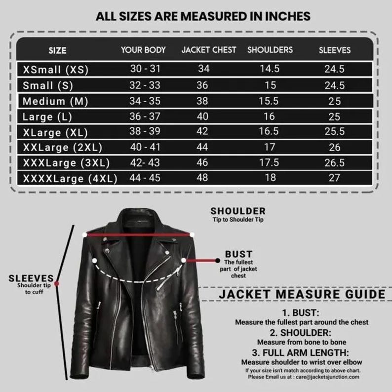 K&ouml;nnte beinhalten: Eine schwarze Lederjacke mit Rei&szlig;verschluss, dargestellt mit einer Gr&ouml;&szlig;entabelle. Die Tabelle zeigt Ma&szlig;e f&uuml;r Brust, Schultern und &Auml;rmel, von XS bis XXXXL. Die Ma&szlig;tabelle ist in Zoll angegeben.