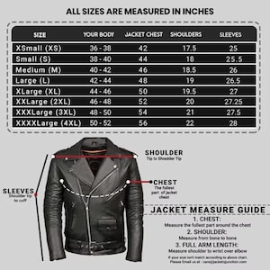 K&ouml;nnte beinhalten: Schwarze Lederjacke mit Gr&ouml;&szlig;entabelle in Zoll. Die Tabelle zeigt Brust-, Schulter- und &Auml;rmelma&szlig;e f&uuml;r die Gr&ouml;&szlig;en XS bis 4XL. Die Jacke hat einen Rei&szlig;verschluss und einen G&uuml;rtel.