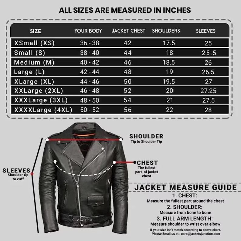 K&ouml;nnte beinhalten: Schwarze Lederjacke mit Gr&ouml;&szlig;entabelle in Zoll. Die Tabelle zeigt Brust-, Schulter- und &Auml;rmelma&szlig;e f&uuml;r die Gr&ouml;&szlig;en XS bis 4XL. Die Jacke hat einen Rei&szlig;verschluss und einen G&uuml;rtel.