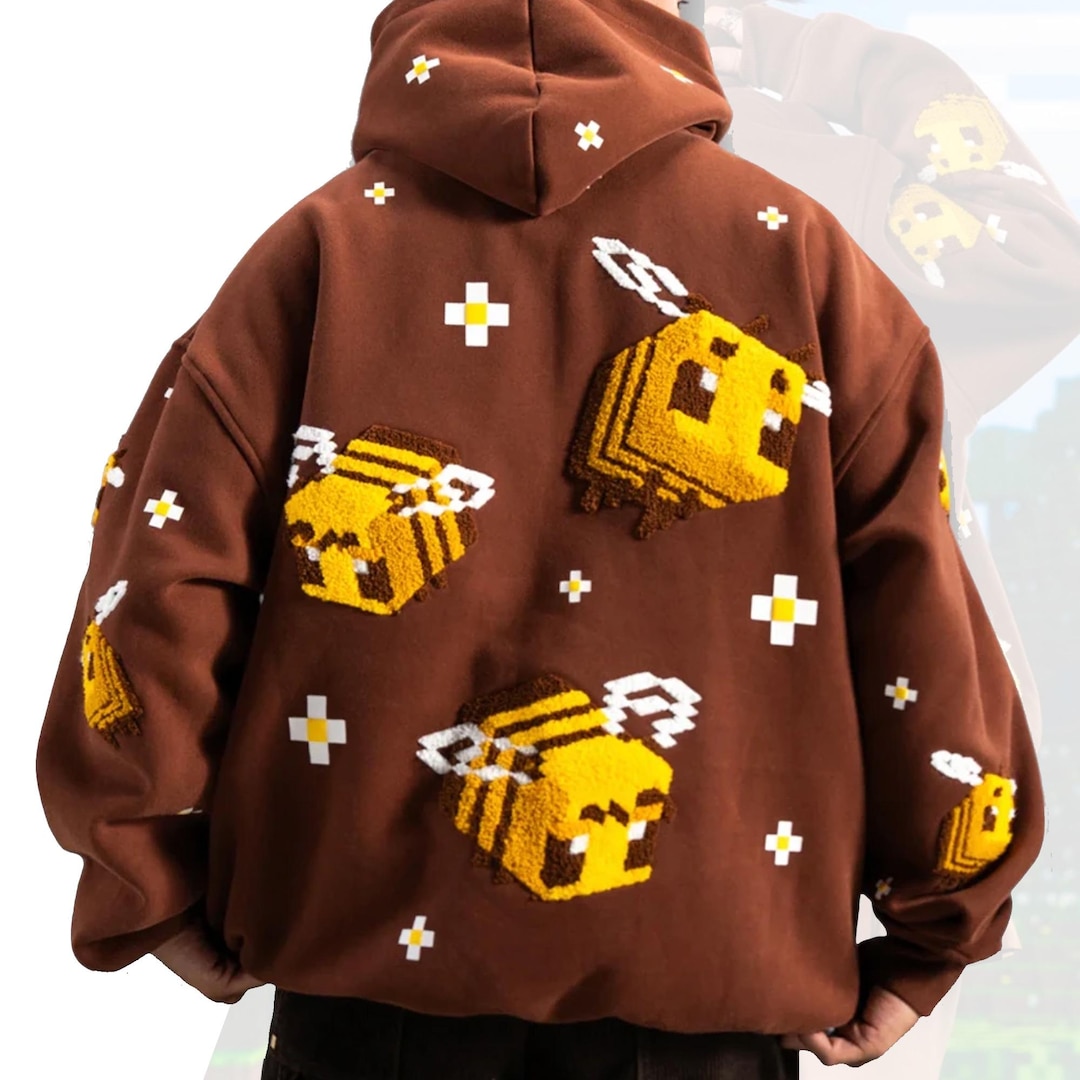 Handmade Brown Pixel Bee Hoodie – Oversized Fleece 3D Embroidered ...